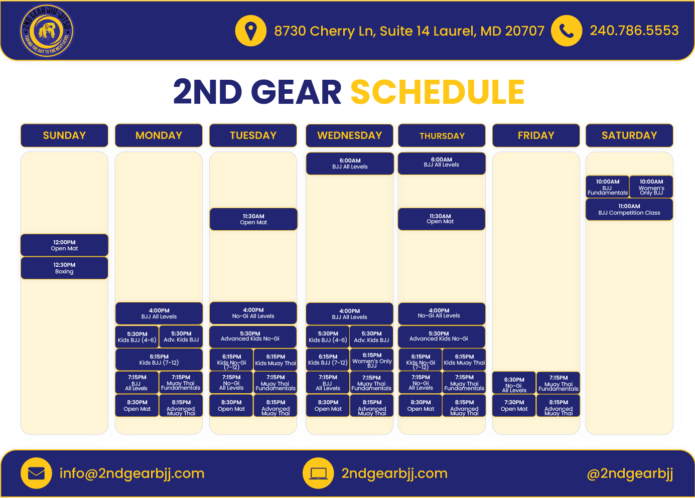 2nd Gear Class Schedule
