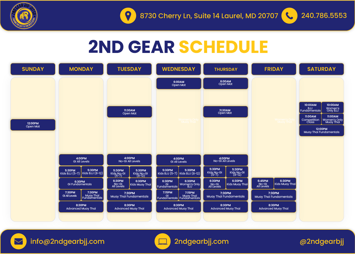 2nd Gear Class Schedule